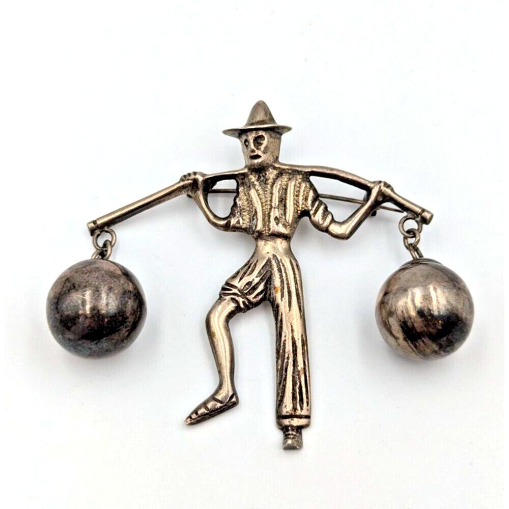 Vintage Mexico Silver Statement Figural Men Carrying Weight Brooch Orb Dangle